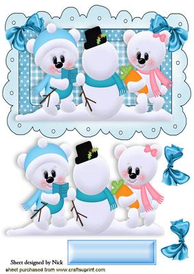 Polar Bears with Snowman with Bows