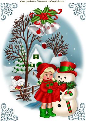 Little Girl with Snowman and Robin Snow Scene A4