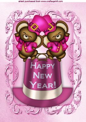 Happy New Year with Pink Mice on Top Hat A4