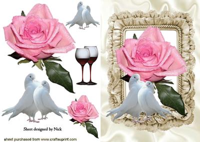 Pink Rose with Doves, & Wine in Frill Frame