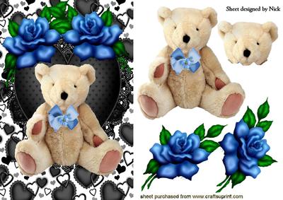 Black Lace Heart with Teddy and Blue Roses