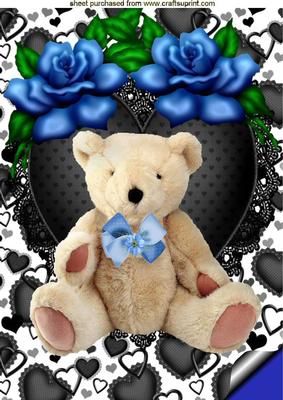 Teddy on Black Lace Heart with Blue Roses A4