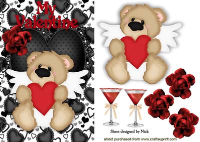 Cute Angel Bear with Red Rose on Black Lace Heart A5