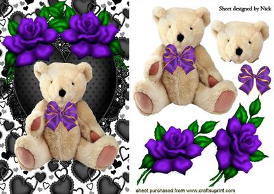 Black Lace Heart with Teddy and Purple Roses