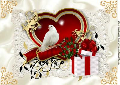 Ornate Heart with Red Roses and Dove A4