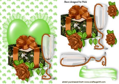 Gift with Gold Rose on Green Lace Heart