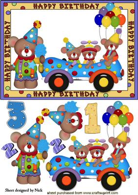 Birthday Clown Teddies in a Car