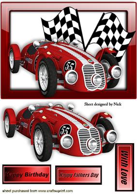 Racing Sports Car in Red Glass Frame with Flags
