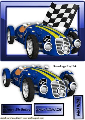 Blue Sports Racing Car in Glass Frame with Flag