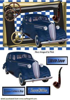 Vintage 1936 Blue Sedan Car in Steampunk Frame