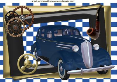 Vintage 1936 Blue Sedan Car in Steampunk Frame A4