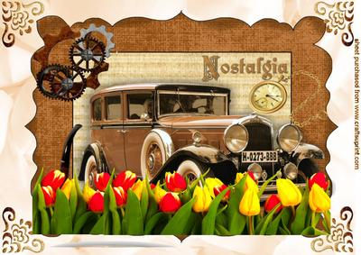 Vintage Car in Steampunk Frame with Tulips A4