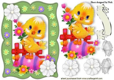 Little Yellow Chick with White Flowers in Flower Frame