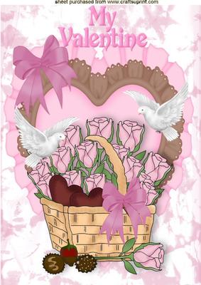 Pink Lace Heart with Basket of Roses and Doves A4