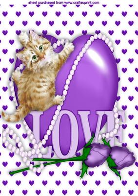 Cute Kitty on a Purple Heart with Rose and Pearls A4