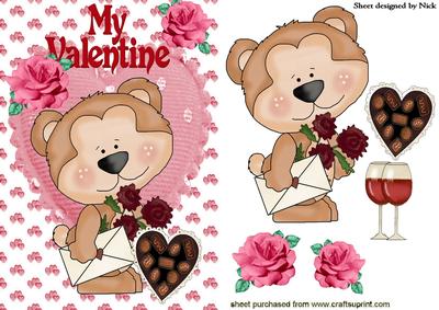 Cute Little Bear with Roses and Wine