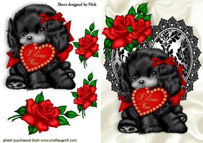 Black Puppy on Lace Heart with Red Roses