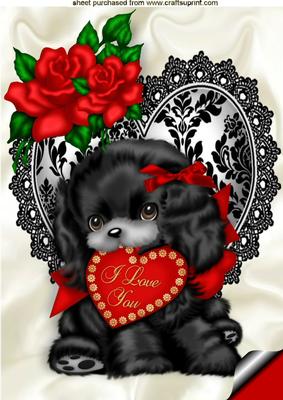 Black Puppy on Lace Heart with Roses A4