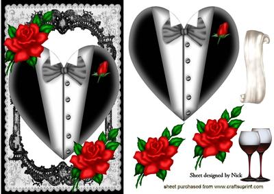 Tuxedo Heart in Black Lace Frame with Roses