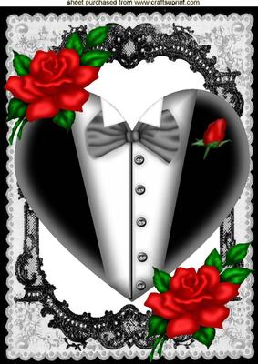 Tuxedo Heart in Black Lace Frame with Roses A4