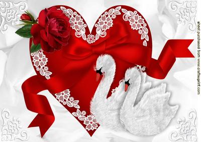 Beautiful Red Heart with Lace, Bow and Swans A4