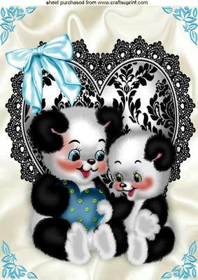 Cute Love Pandas on Lace Heart A4