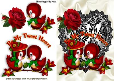 Love Birds on a Heart with Pretty Red Rose