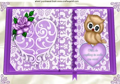 Cute Owl on Purple Heart Open Lace Book with Rose A4