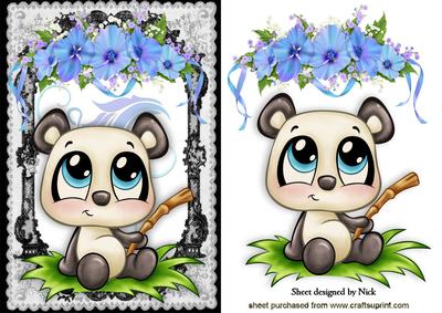 Cute Little Panda in Lace Frame with Flowers