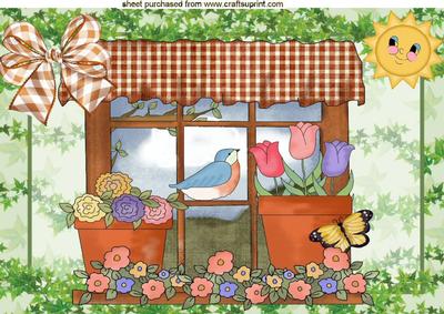 Pretty Window Sil with Flowers, Birds & Butterflies A4
