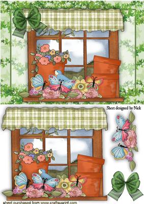 Potted Flowers , Birds and Butterflies in the Window