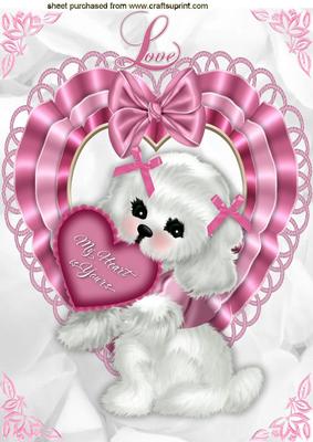 Puppy Love,on a Frilled Satin Heart A4
