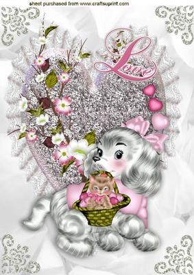 Puppy Love with Kitten on Sparkle Silver Heart with Flowers