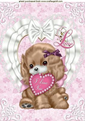 Little Puppy on White Lace Heart with Bow A4