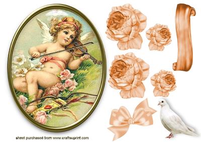 Vintage Cherub with Peach Roses & Dove