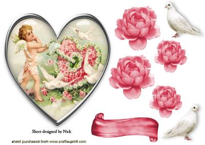 Little Cherub with Doves in Silver Glass Heart