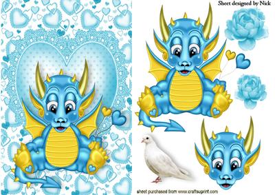 Little Blue Dragon on a Heart with Roses