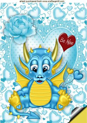 Little Blue Dragon on Heart with Roses A4