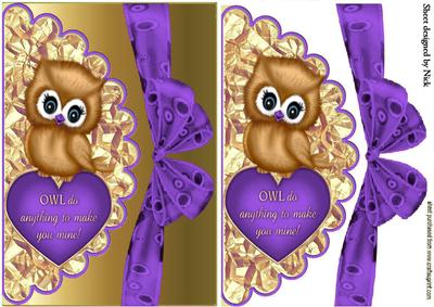 Cute Little Owl with Purple Bow on Scalloped Envelope