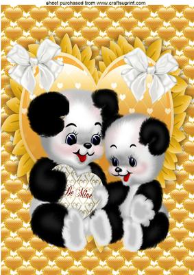 Cute Love Pandas on a Gold Frilled Heart A4
