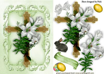 Gold Cross with Easter Eggs Lillies and a Cute Bunny
