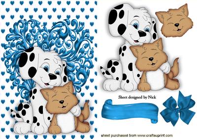 Cute Dalmation & Kitty in Love on Turq Heart