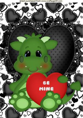Be Mine Litle Green Dragon with Red Heart A4