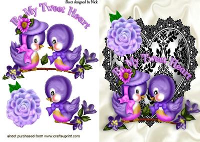 Purple Love Birds on Black Lace Heart
