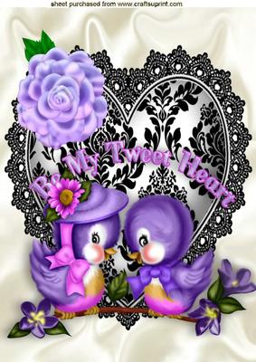 Purple Love Birds on Black Lace Heart A4