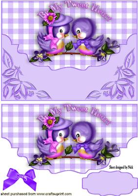 Purple Love Birds with Bow on Scalloped Envelope