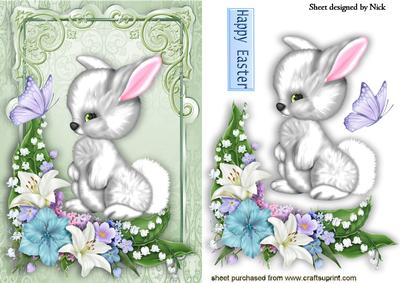 Easter Bunny in Fancy Floral Frame with Butterfly