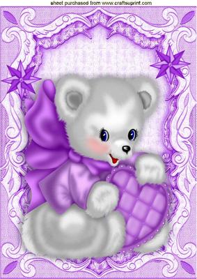 Little Valentine Bear with Purple Heart & Stars A4