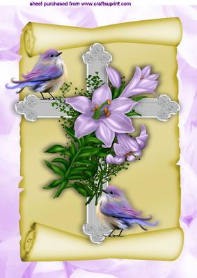 Easter Cross on a Scroll with Purple Lilies and Birds A4