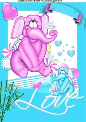 I Love You! Cute Pink/blue Elephants with Hearts A4
